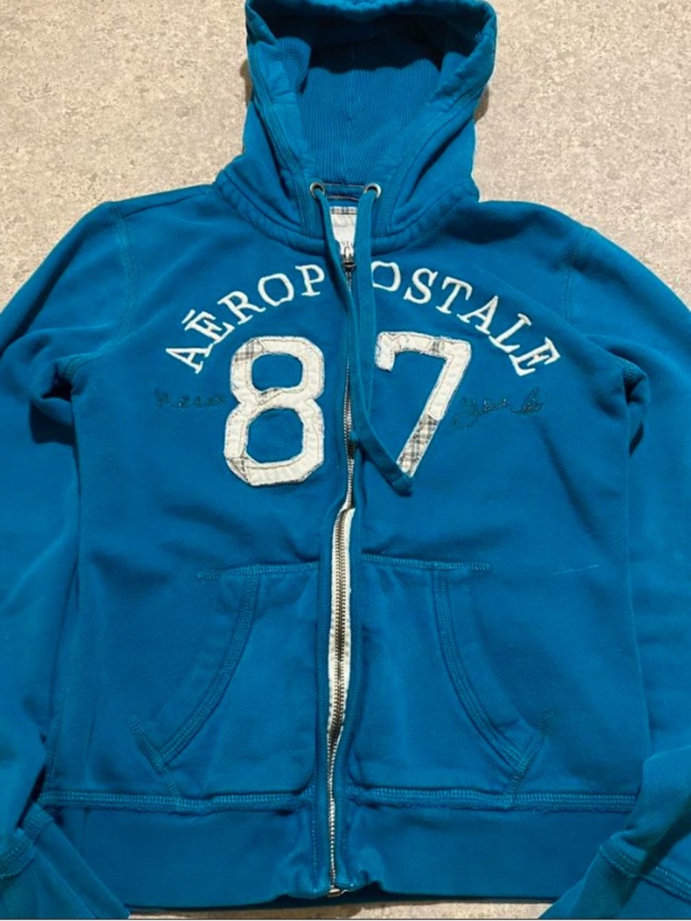 Aeropostale Teal Blue Hooded Zip-Up Sweatshirt with 87